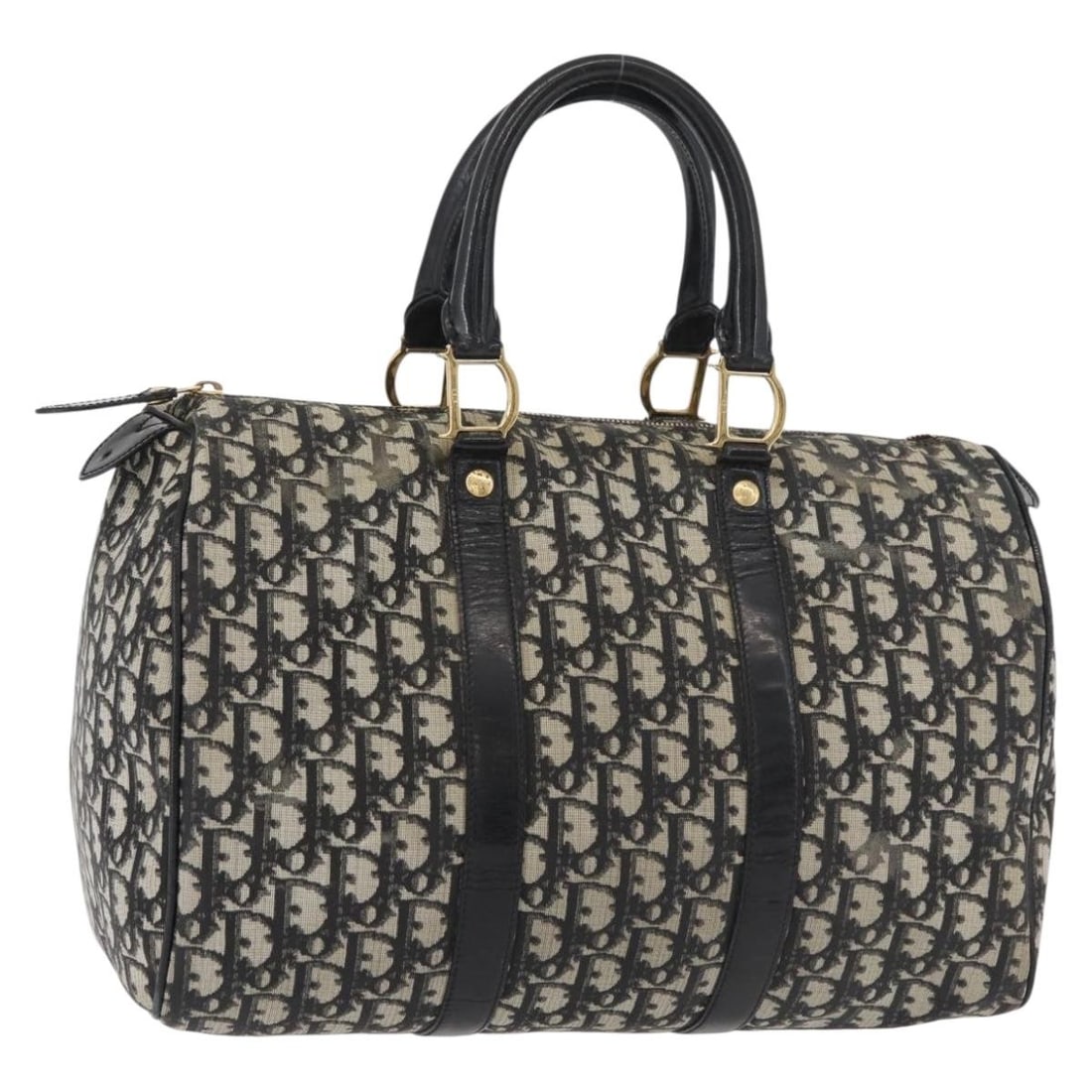 Christian Dior Boston Bag in Black Trotter Canvas and PVC Leather: Christian Dior Boston Bag in Black Trotter Canvas and PVC Leather Christian Dior Trotter canvas Boston bag in black with gold-tone accents, crafted with PVC leather. This women's bag was made in Italy