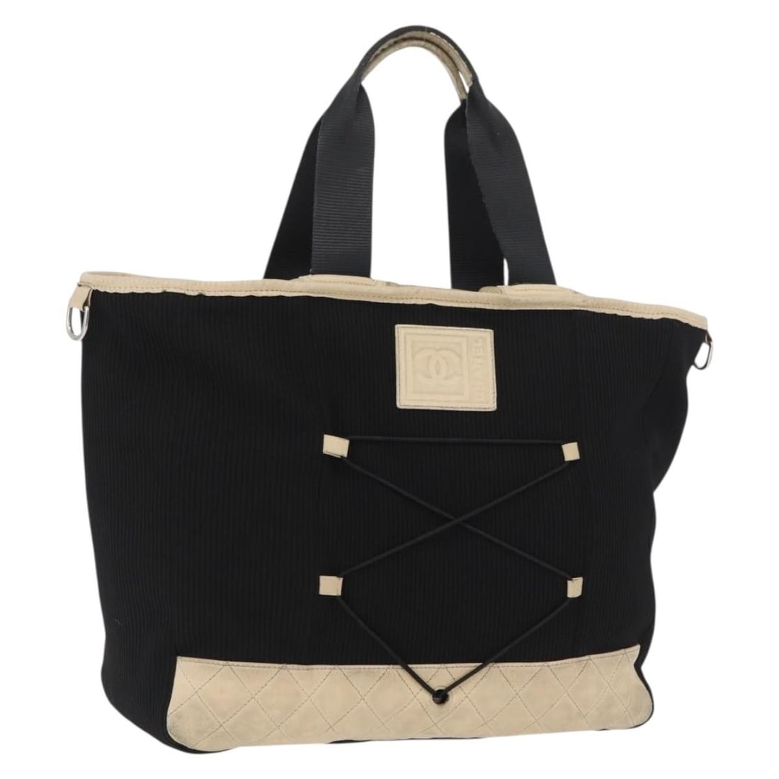 CHANEL Sports Canvas Hand Bag Black Silver CC Italy: CHANEL Sports Canvas Hand Bag Black Silver CC Italy CHANEL sports hand bag in black and silver canvas, made in Italy. It measures approximately W36 cm x H34 cm x D15 cm, with a handle drop of approxim