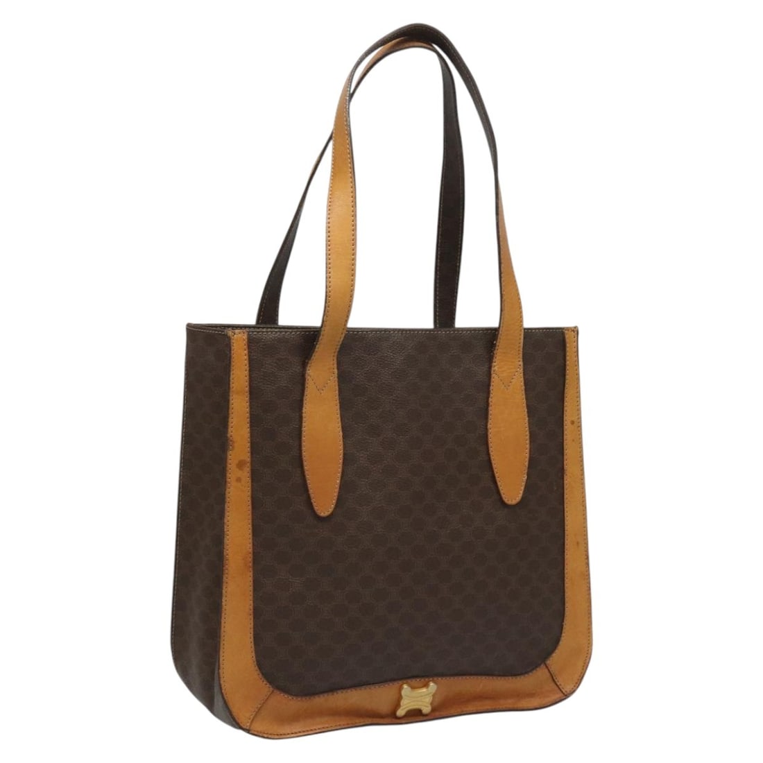 Celine Macadam Brown Shoulder Bag in PVC Leather and Canvas Gold Detail: Celine Macadam Brown Shoulder Bag in PVC Leather and Canvas Gold Detail This is a CELINE Macadam canvas shoulder bag crafted from PVC leather in brown and gold tones. Designed for women, the bag featu