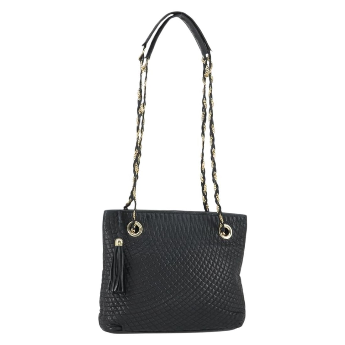 Bally Black Leather Gold Chain Shoulder Bag from Switzerland: Bally Black Leather Gold Chain Shoulder Bag from Switzerland This BALLY chain shoulder bag features black leather with gold-tone accents. The bag is designed with a chain shoulder strap and offers a s