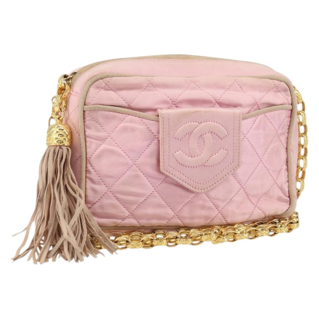 Pink Satin CHANEL Shoulder Bag with Gold Chain and CC Logo: Pink Satin CHANEL Shoulder Bag with Gold Chain and CC Logo This CHANEL chain shoulder bag features a pink and gold satin exterior with signature CC detailing. Crafted in Italy, the bag is designed wit