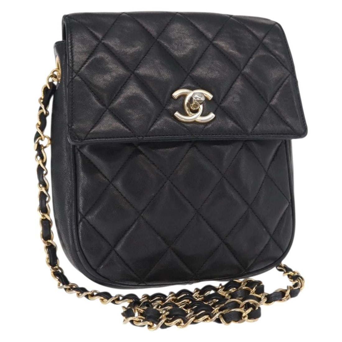 CHANEL CC Black Lambskin Matelasse Shoulder Bag Gold Tone: CHANEL CC Black Lambskin Matelasse Shoulder Bag Gold Tone This CHANEL Matelasse chain shoulder bag is made of black lamb skin with gold-tone details. It features a compact silhouette and measures appr