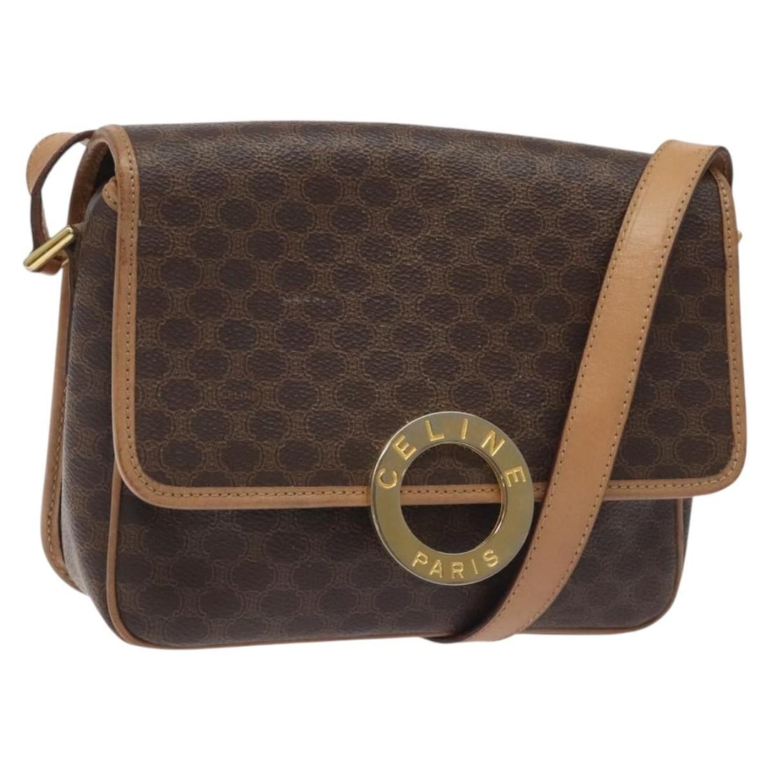 CELINE Macadam Canvas PVC Leather Shoulder Bag Brown Gold: CELINE Macadam Canvas PVC Leather Shoulder Bag Brown Gold CELINE shoulder bag in PVC leather and Macadam canvas, presented in brown and gold. Made in Italy, this women's bag measures approximately 22