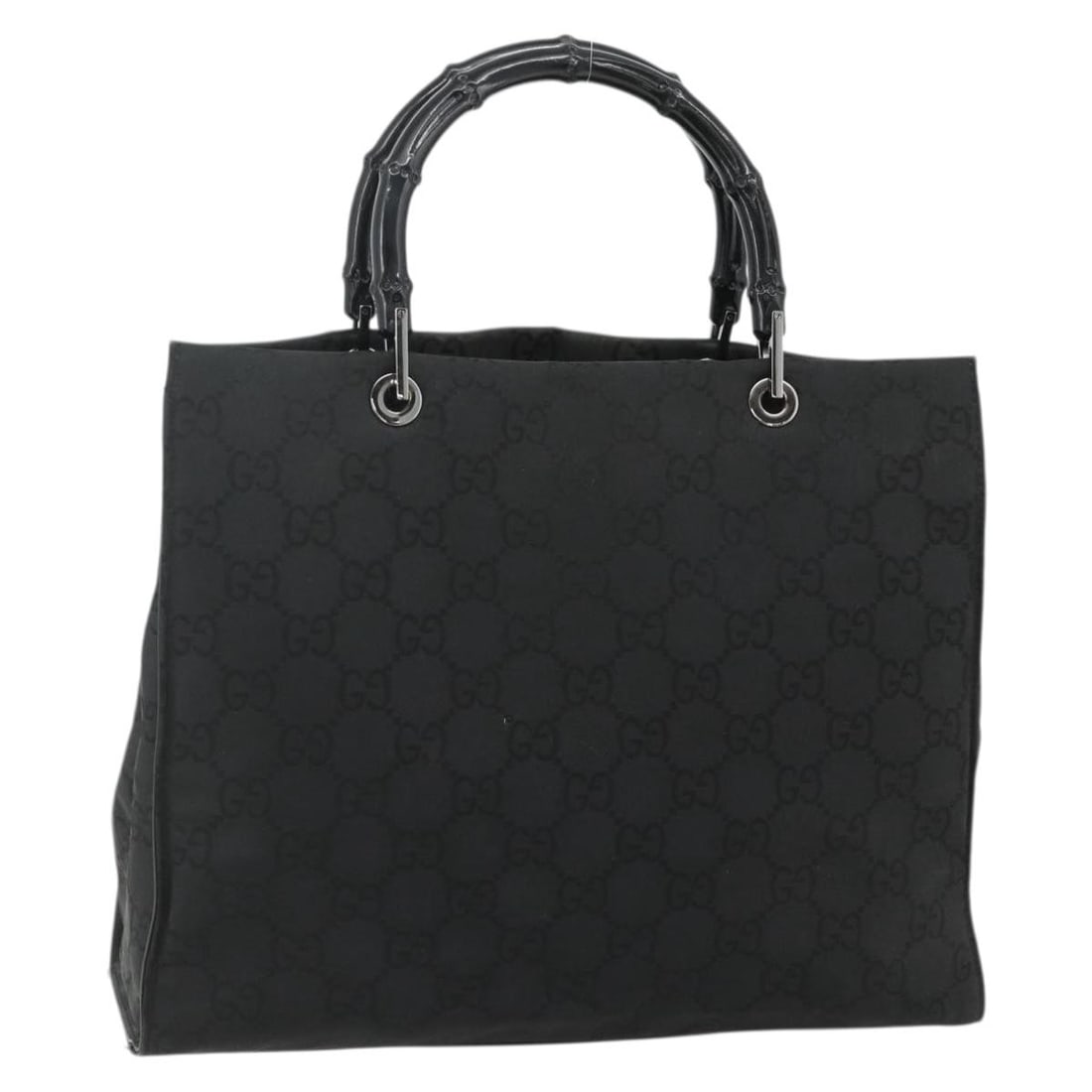 Gucci Bamboo Handle Handbag Black Nylon GG Canvas Silver Tone 002 1010: Gucci Bamboo Handle Handbag Black Nylon GG Canvas Silver Tone 002 1010 A Gucci hand bag in black and silver, made from nylon and GG canvas. It features a handle drop of approximately 13 cm and was mad