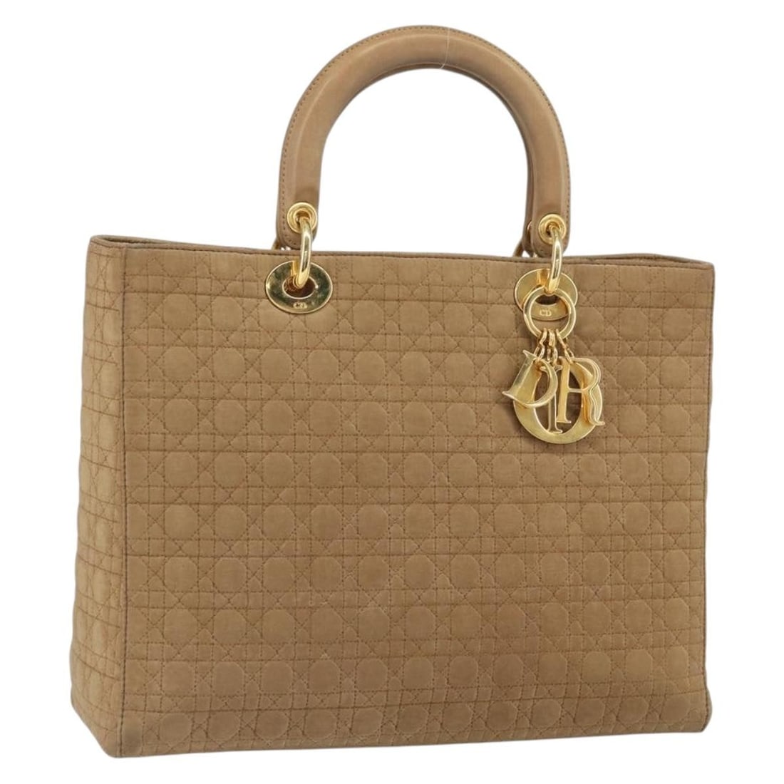 Lady Dior Beige Nylon Handbag with Gold Accents by Christian Dior: Lady Dior Beige Nylon Handbag with Gold Accents by Christian Dior This is a Christian Dior Lady Dior handbag crafted from beige and gold nylon. Designed for women, the bag features dual handles with a
