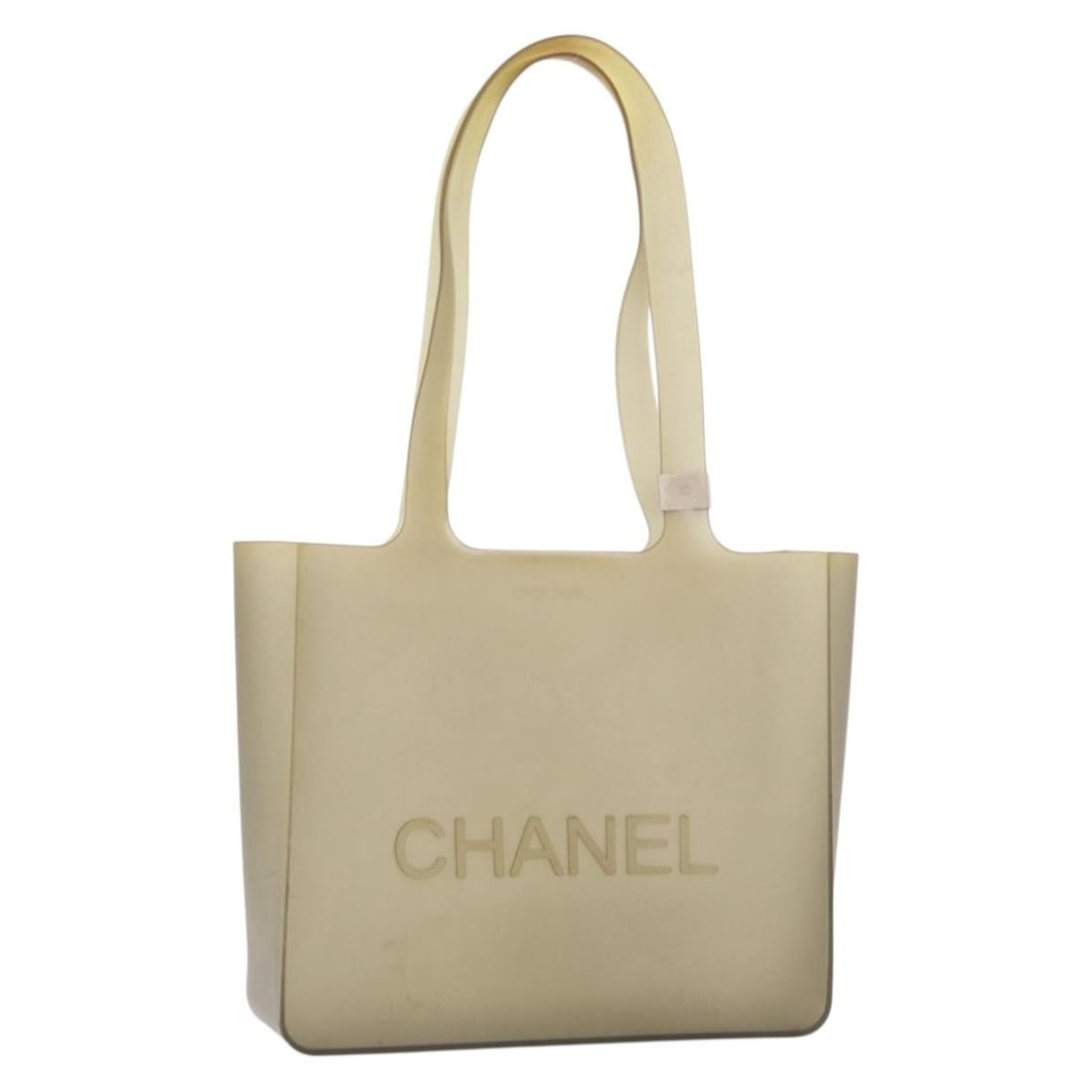 CHANEL Khaki Silver Rubber Tote Bag: CHANEL Khaki Silver Rubber Tote Bag This CHANEL tote bag is crafted from khaki and silver rubber, offering a contemporary and casual style. Designed for women, the bag features a spacious interior and