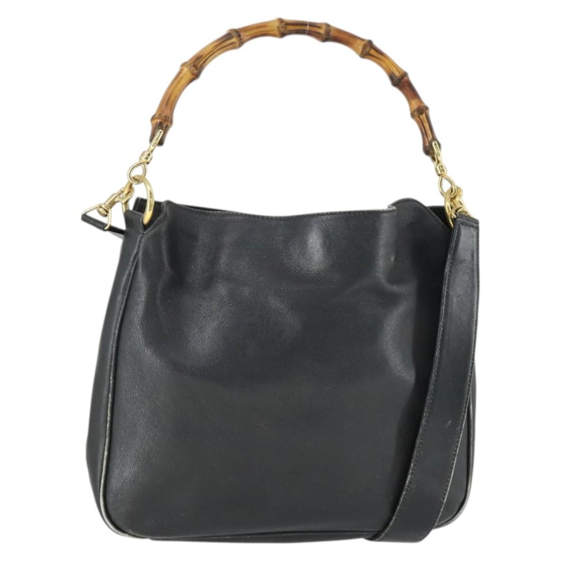 Gucci Black Leather Bamboo Handle 2way Handbag with Shoulder Strap 001 123 1638: Gucci Black Leather Bamboo Handle 2way Handbag with Shoulder Strap 001 123 1638 This GUCCI Bamboo Hand Bag is crafted from black leather with gold-tone accents and features a versatile 2-way design fo