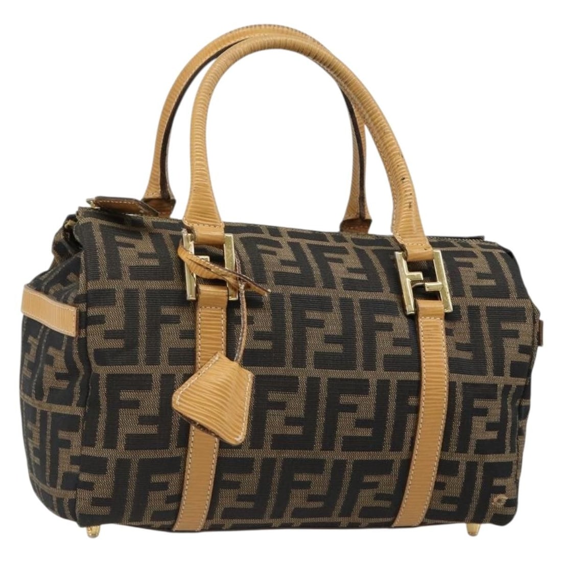 FENDI Zucca Canvas Top Handle Purse Black Brown with Key Clochette: FENDI Zucca Canvas Top Handle Purse Black Brown with Key Clochette FENDI hand bag in Zucca canvas with a black and brown exterior. Made in Italy, this women's bag measures approximately 24 cm wide, 17