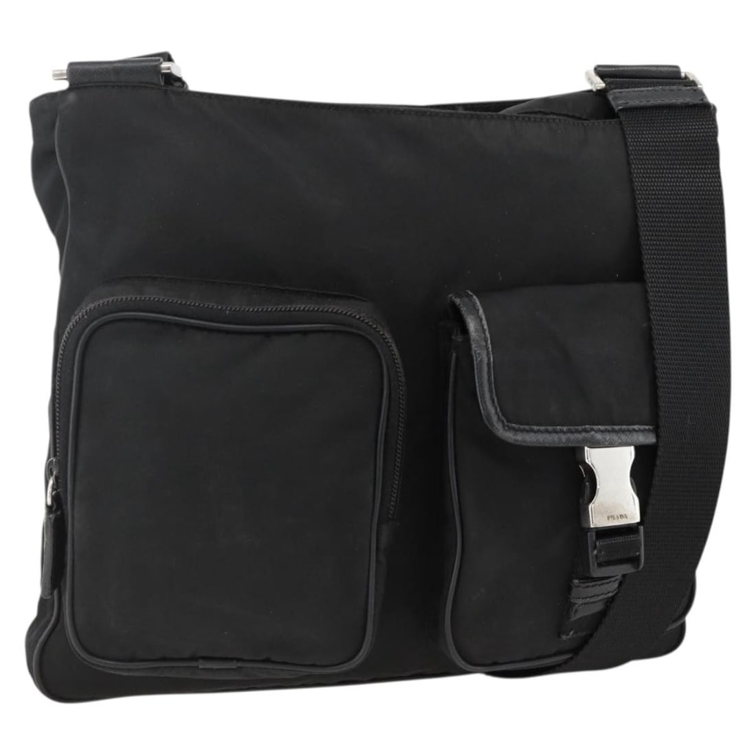 PRADA Black Nylon Shoulder Bag Silver Tone Hardware: PRADA Black Nylon Shoulder Bag Silver Tone Hardware Authentic Prada shoulder bag in black nylon with silver-tone accents. Made in Italy, this women's bag features an adjustable shoulder strap and a sl