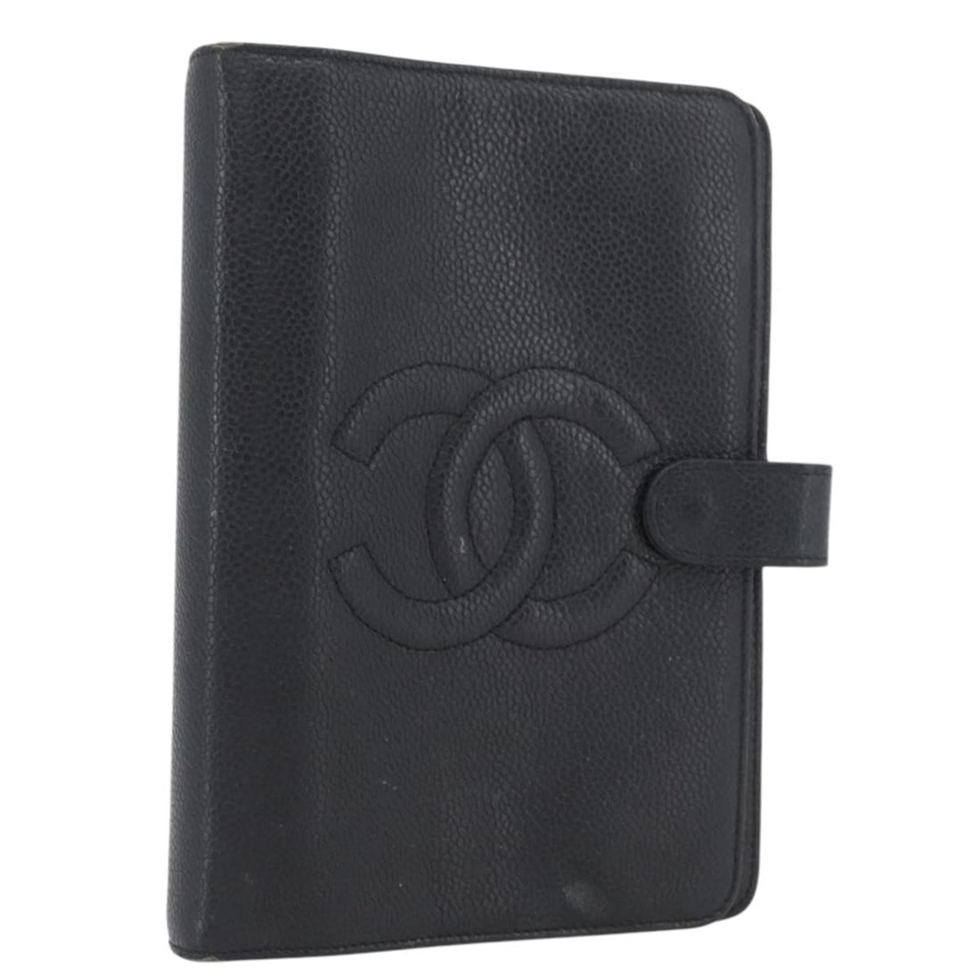 CHANEL Caviar Skin Day Planner Cover Black Gold France: CHANEL Caviar Skin Day Planner Cover Black Gold France CHANEL day planner cover in black caviar skin with gold-tone hardware, made in France. The compact design measures approximately 13 cm wide, 19 c