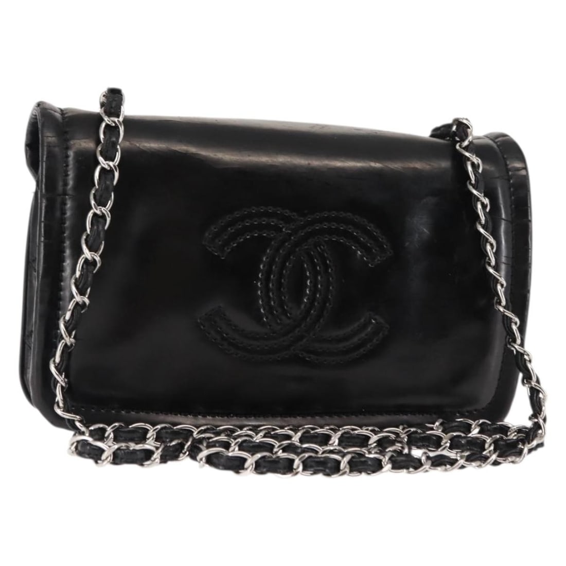 CHANEL CC Patent Leather Shoulder Bag Black Gold Tone: CHANEL CC Patent Leather Shoulder Bag Black Gold Tone CHANEL shoulder bag in black patent leather with gold-tone accents. Made in Italy, it measures approximately 9.4 x 5.1 x 1.2 inches (24 x 13 x 3 c