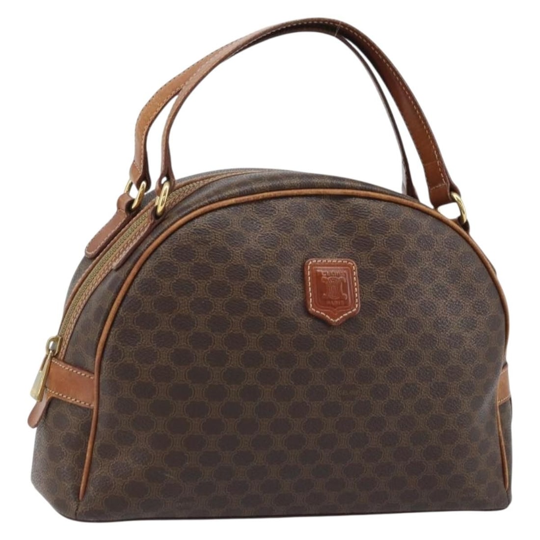 Celine Macadam Brown PVC Leather Handbag Gold Tone Accents Italy: Celine Macadam Brown PVC Leather Handbag Gold Tone Accents Italy This CELINE Macadam handbag features a brown and gold exterior crafted from PVC leather and Macadam canvas. Designed for women, it is m