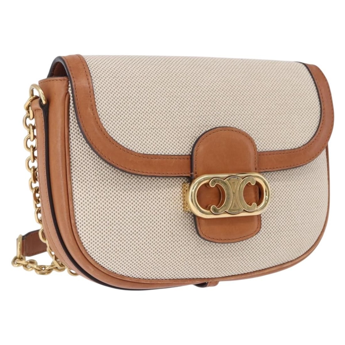 CELINE Beige Canvas Shoulder Bag with Gold Tone Chain: CELINE Beige Canvas Shoulder Bag with Gold Tone Chain CELINE shoulder bag in beige canvas with a gold tone exterior finish. Made in Italy, this women's bag measures approximately 22 cm wide, 15 cm hig