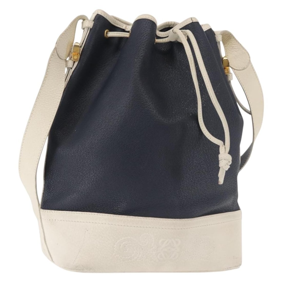 LOEWE Navy Gold Leather Shoulder Bag Auth 144366: LOEWE Navy Gold Leather Shoulder Bag Auth 144366 This LOEWE Shoulder Bag is crafted from high-quality leather in a sophisticated navy and gold color scheme. Designed for both style and functionality, 