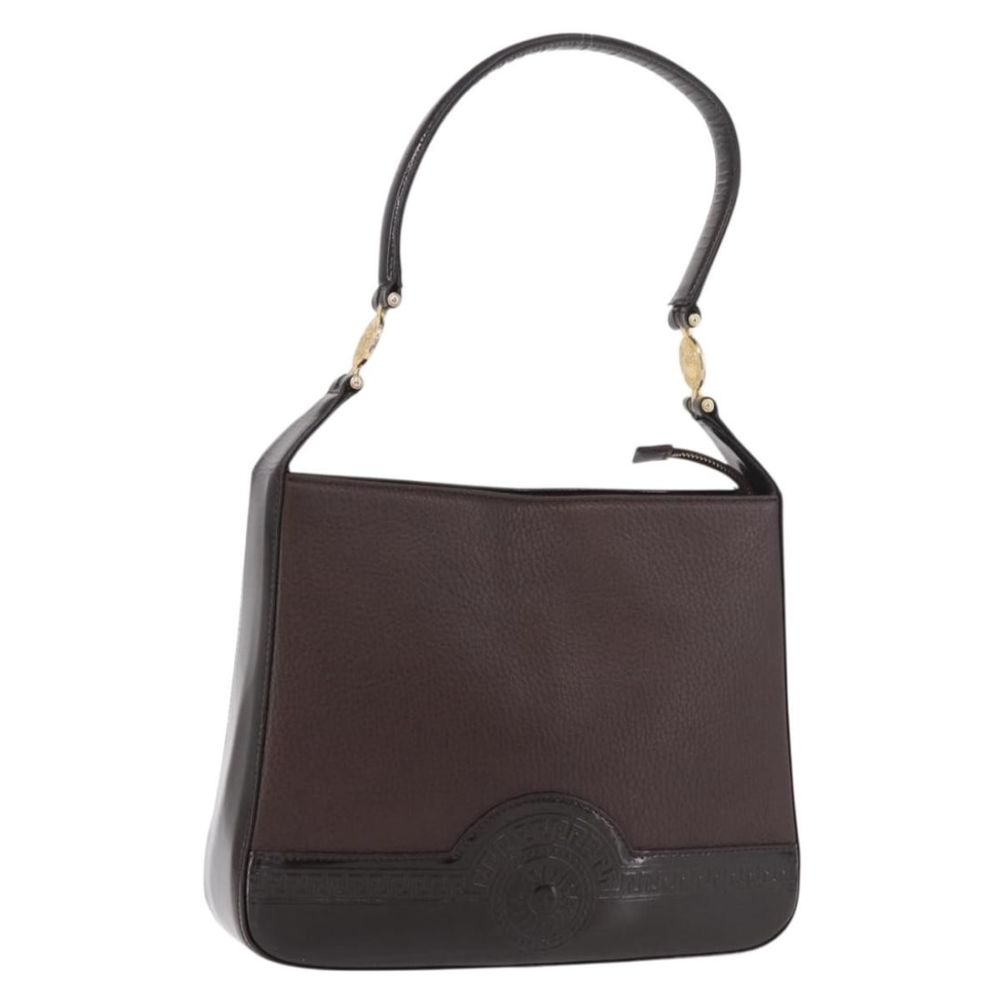 VERSACE Brown Leather Shoulder Bag Gold Tone Womens Italy: VERSACE Brown Leather Shoulder Bag Gold Tone Womens Italy Versace shoulder bag in brown leather with gold-tone accents, made in Italy. This women's bag shows visible signs of use, including slight rub