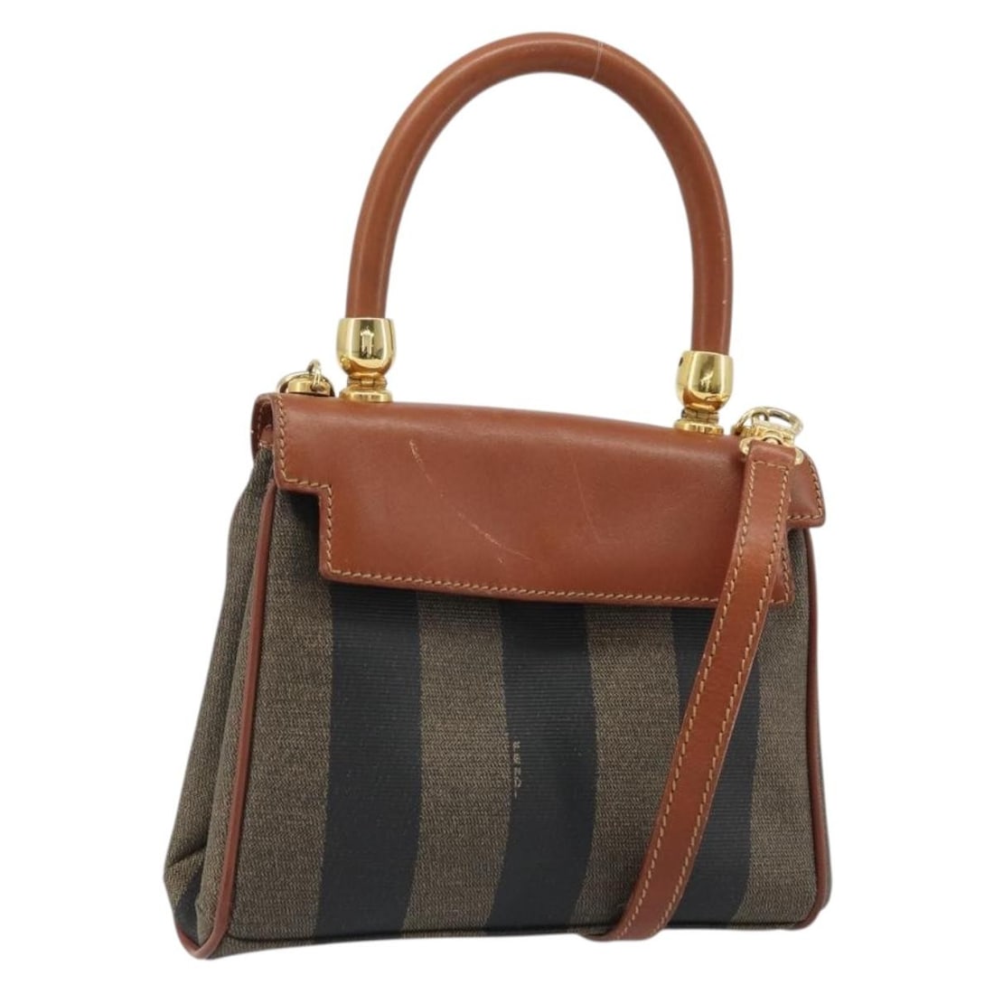 Fendi Pequin Canvas 2way Handbag Black Brown PVC Leather Strap: Fendi Pequin Canvas 2way Handbag Black Brown PVC Leather Strap Fendi 2way hand bag in black and brown PVC leather/Pequin canvas, made in Italy. It comes with a shoulder strap and features a compact si