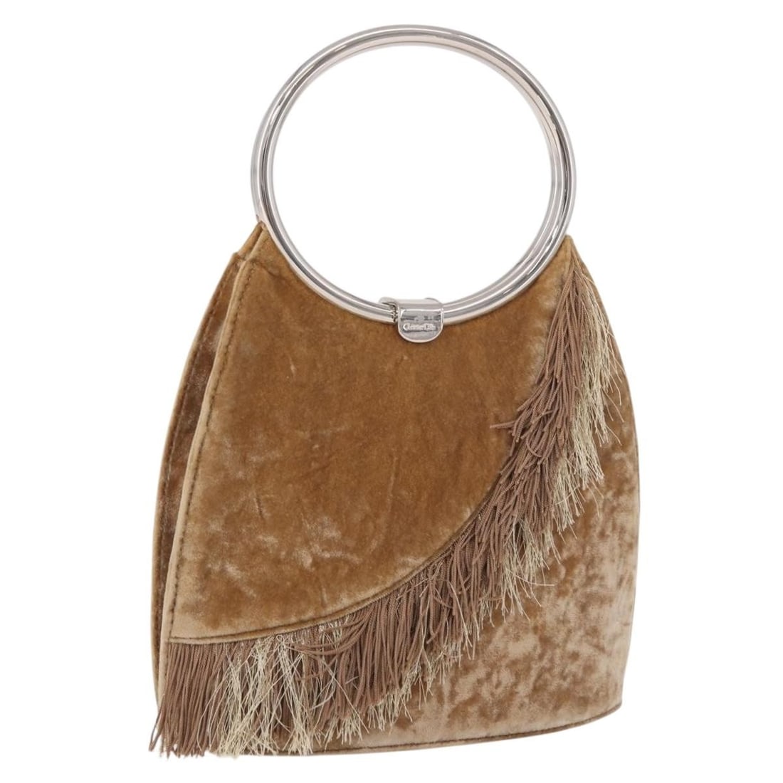 Christian Dior Brown Velor Handbag Silver Tone Made in Italy: Christian Dior Brown Velor Handbag Silver Tone Made in Italy Christian Dior hand bag in brown and silver velor, made in Italy. The bag measures approximately 19 cm wide, 17 cm high, and 7 cm deep, wit