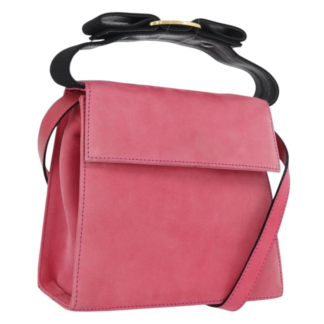 Salvatore Ferragamo Vala suede 2way handbag pink with shoulder strap: Salvatore Ferragamo Vala suede 2way handbag pink with shoulder strap Salvatore Ferragamo Vala handbag in pink suede with gold-tone accents. This 2-way style includes a shoulder strap and was made in I