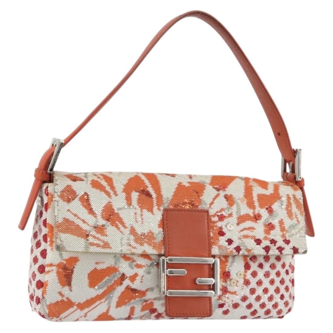 Fendi Mamma Baguette Canvas Shoulder Bag Orange Silver Dust Bag: Fendi Mamma Baguette Canvas Shoulder Bag Orange Silver Dust Bag Fendi Mamma Baguette shoulder bag in orange and silver canvas, made in Italy. It comes with a dust bag and features a shoulder strap wit