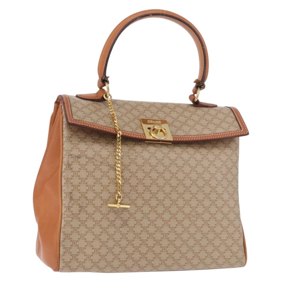 CELINE Macadam PVC Leather Handbag Beige Gold Tone Italy: CELINE Macadam PVC Leather Handbag Beige Gold Tone Italy Celine Macadam canvas hand bag in beige and gold with PVC leather trim. Made in Italy, this women's handbag is a heavily used piece with visibl