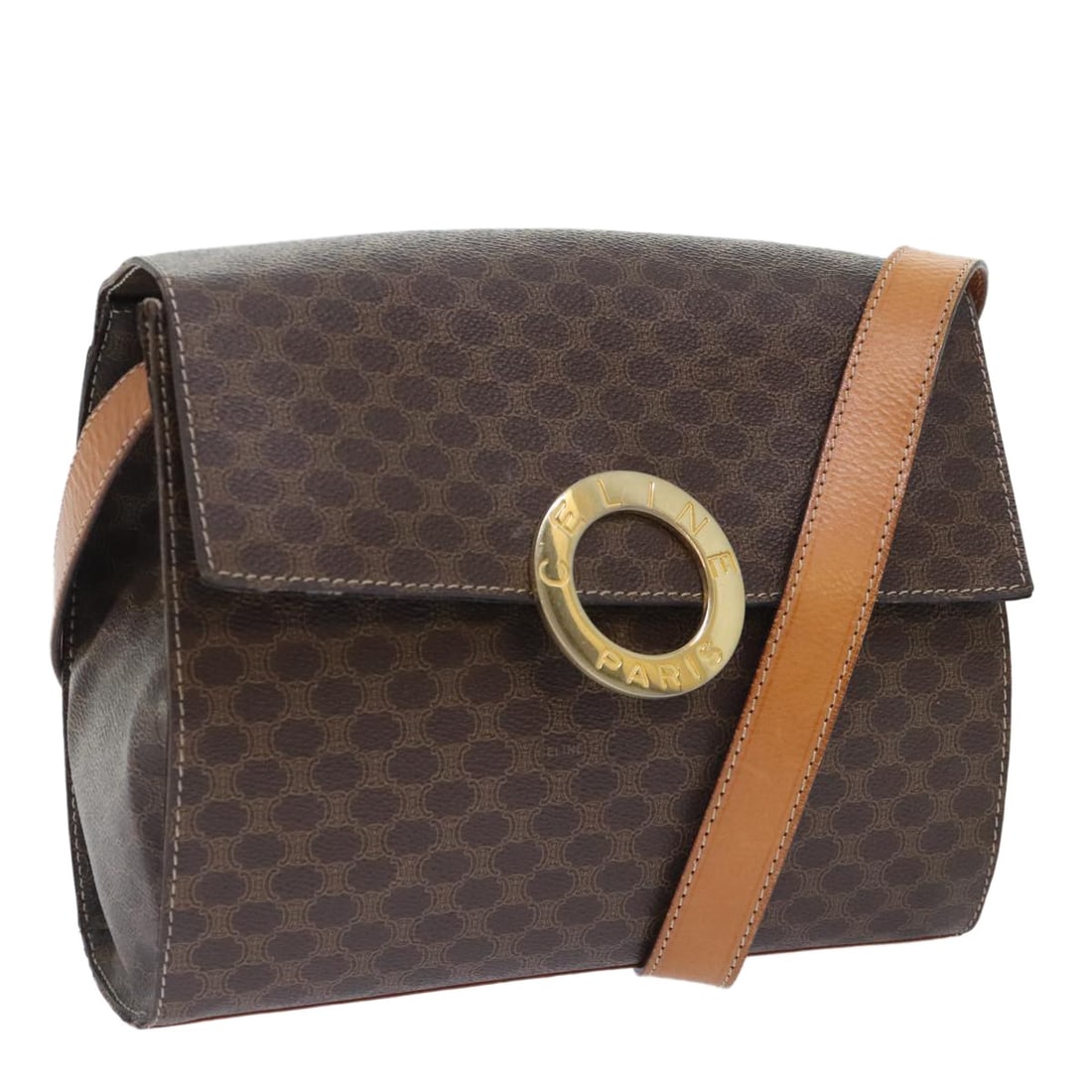 Celine Macadam Brown PVC and Leather Italian Shoulder Purse: Celine Macadam Brown PVC and Leather Italian Shoulder Purse This CELINE Macadam shoulder bag features a brown PVC leather and Macadam canvas exterior, designed for women. The bag is made in Italy and 