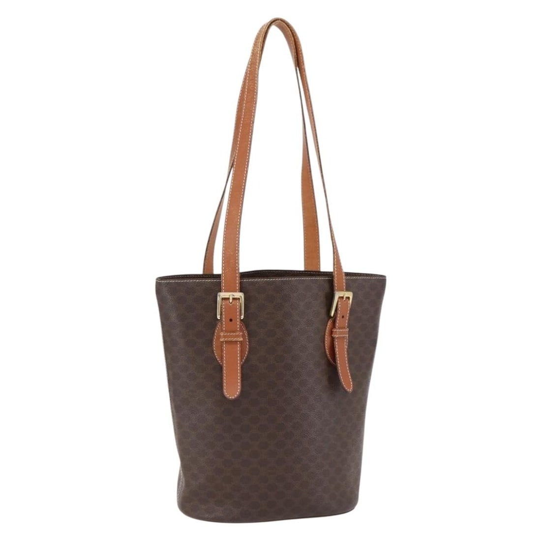 CELINE Macadam Tote Bag Brown PVC Leather Gold Tone: CELINE Macadam Tote Bag Brown PVC Leather Gold Tone This CELINE tote bag is crafted from PVC leather and Macadam canvas in a brown and gold colorway. Made in Italy, it features a structured tote silho