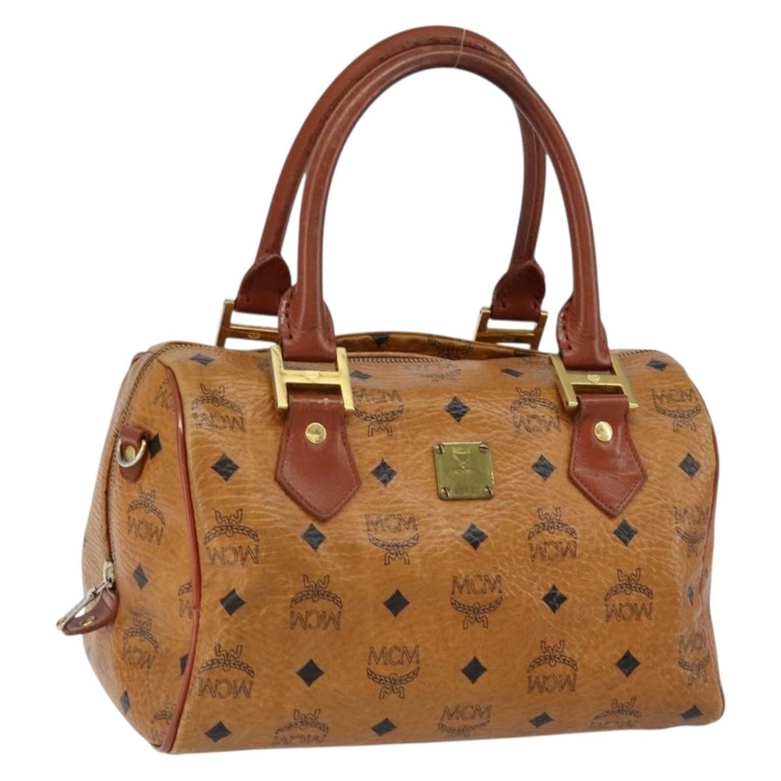 MCM Logogram Boston Bag PVC Leather Brown Gold Auth G6082: MCM Logogram Boston Bag PVC Leather Brown Gold Auth G6082 Discover the MCM Logogram Vicetos Boston Bag, an elegant accessory crafted from durable PVC leather in a sophisticated brown and gold color sc
