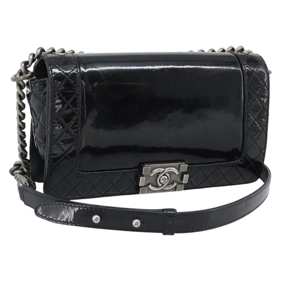 CHANEL Boy Chanel Matelasse Patent Leather Shoulder Bag Black CC: CHANEL Boy Chanel Matelasse Patent Leather Shoulder Bag Black CC A CHANEL Matelasse Boy Chanel chain bag in black patent leather with silver-tone hardware. This shoulder bag was made in Italy and meas