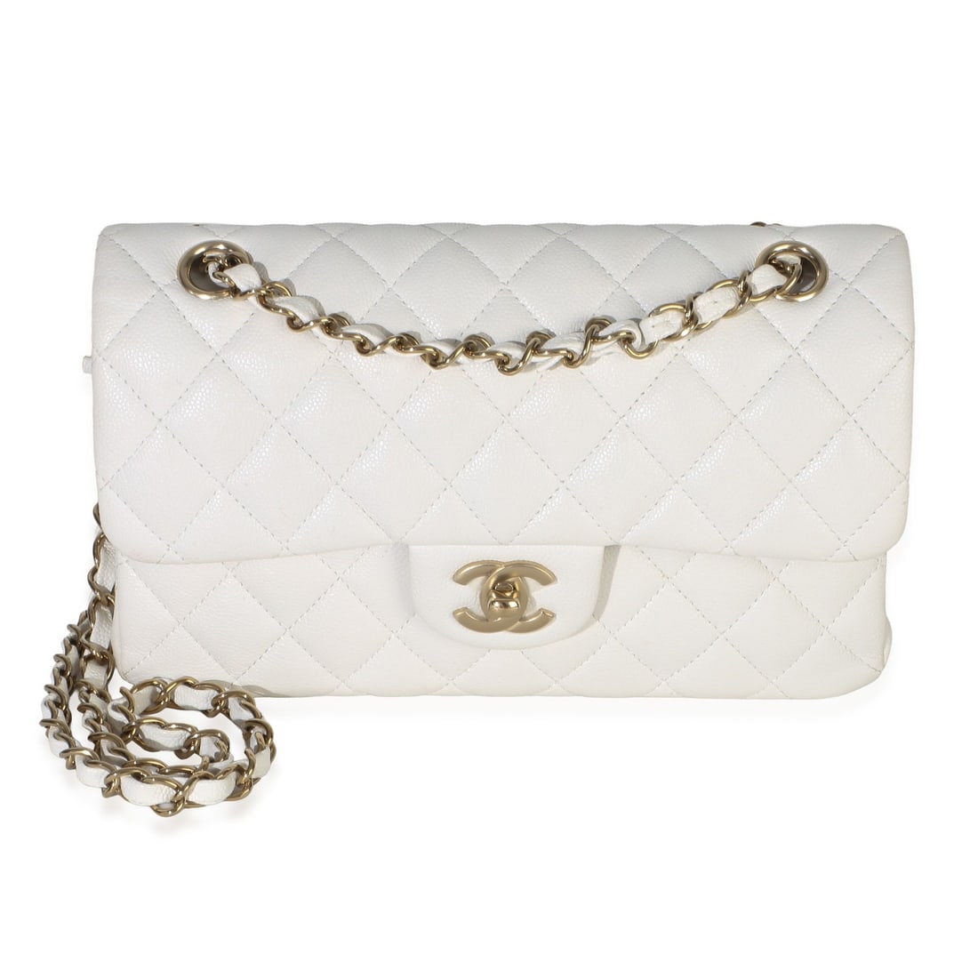 Chanel Small Double Flap Shoulder Bag White Quilted Caviar Leather: Chanel Small Double Flap Shoulder Bag White Quilted Caviar Leather Pre-owned Chanel Small Classic Double Flap handbag in white quilted caviar leather. This unisex shoulder bag features a turnlock clos