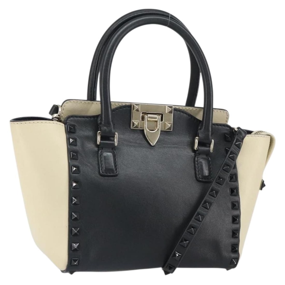 Valentino Black Leather 2way Handbag with Gold Accents and Shoulder Strap: Valentino Black Leather 2way Handbag with Gold Accents and Shoulder Strap This Valentino handbag features a 2-way design crafted from black leather with gold-tone accents. Made in Italy, it offers bot