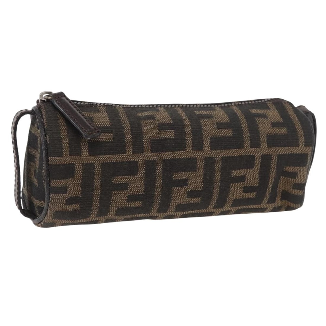 FENDI Zucca Canvas Cosmetic Pouch Black Brown Italy: FENDI Zucca Canvas Cosmetic Pouch Black Brown Italy Authentic FENDI pouch in black and brown Zucca canvas, made in Italy. This women's pouch shows heavy use with visible wear throughout, including an 