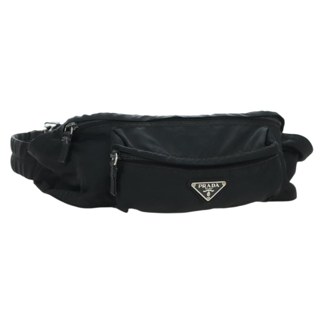 Black Nylon Body Bag PRADA Silver Tone Hardware Italy: Black Nylon Body Bag PRADA Silver Tone Hardware Italy Black Prada nylon body bag in silver-tone hardware, made in Italy. The bag measures approximately 27 cm wide, 12 cm high, and 2 cm deep, with a sh