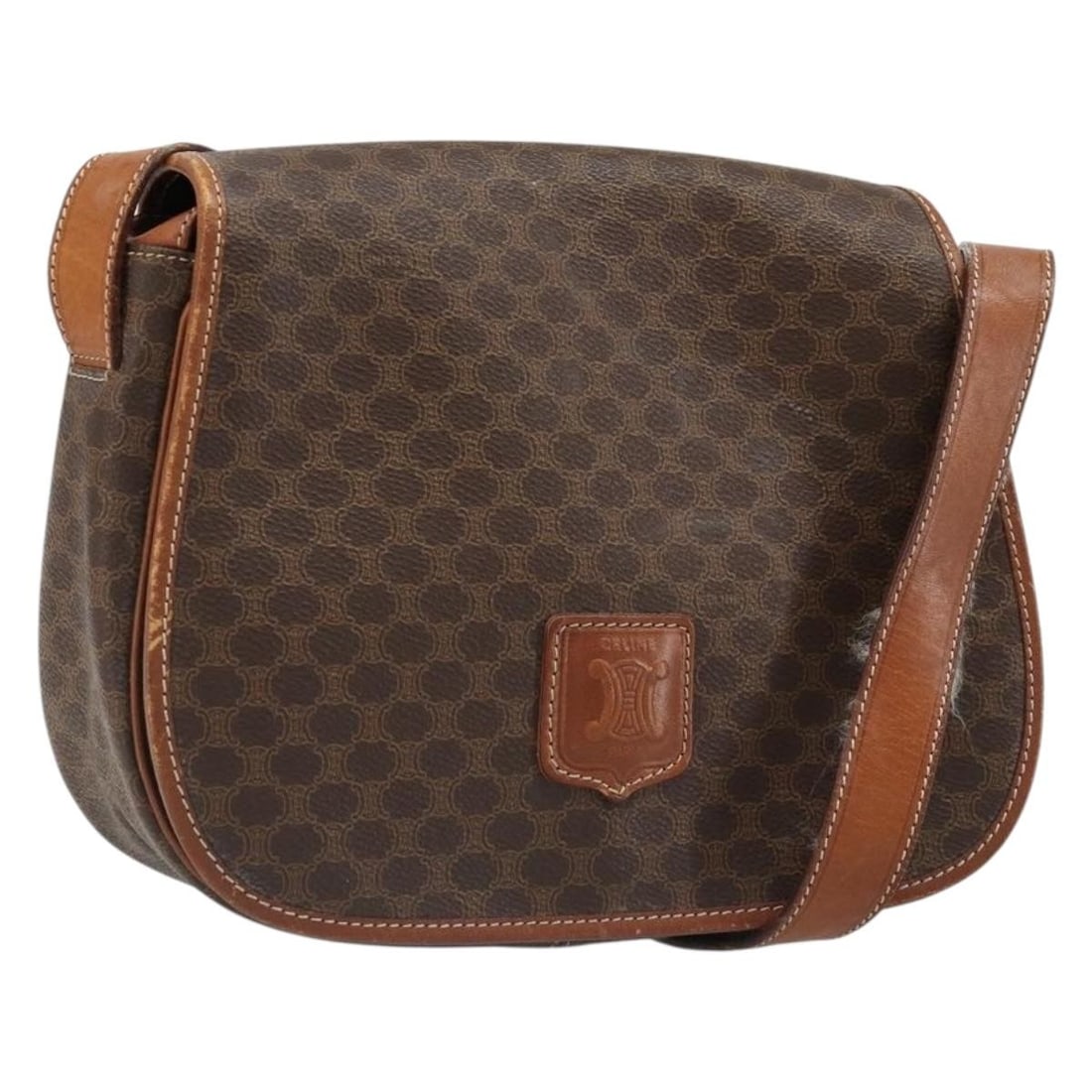 Celine Macadam PVC Leather Shoulder Bag Brown Gold Tone: Celine Macadam PVC Leather Shoulder Bag Brown Gold Tone A CELINE shoulder bag in brown and gold, crafted from PVC leather and Macadam canvas. It measures approximately W24 x H18 x D5 cm, with a should