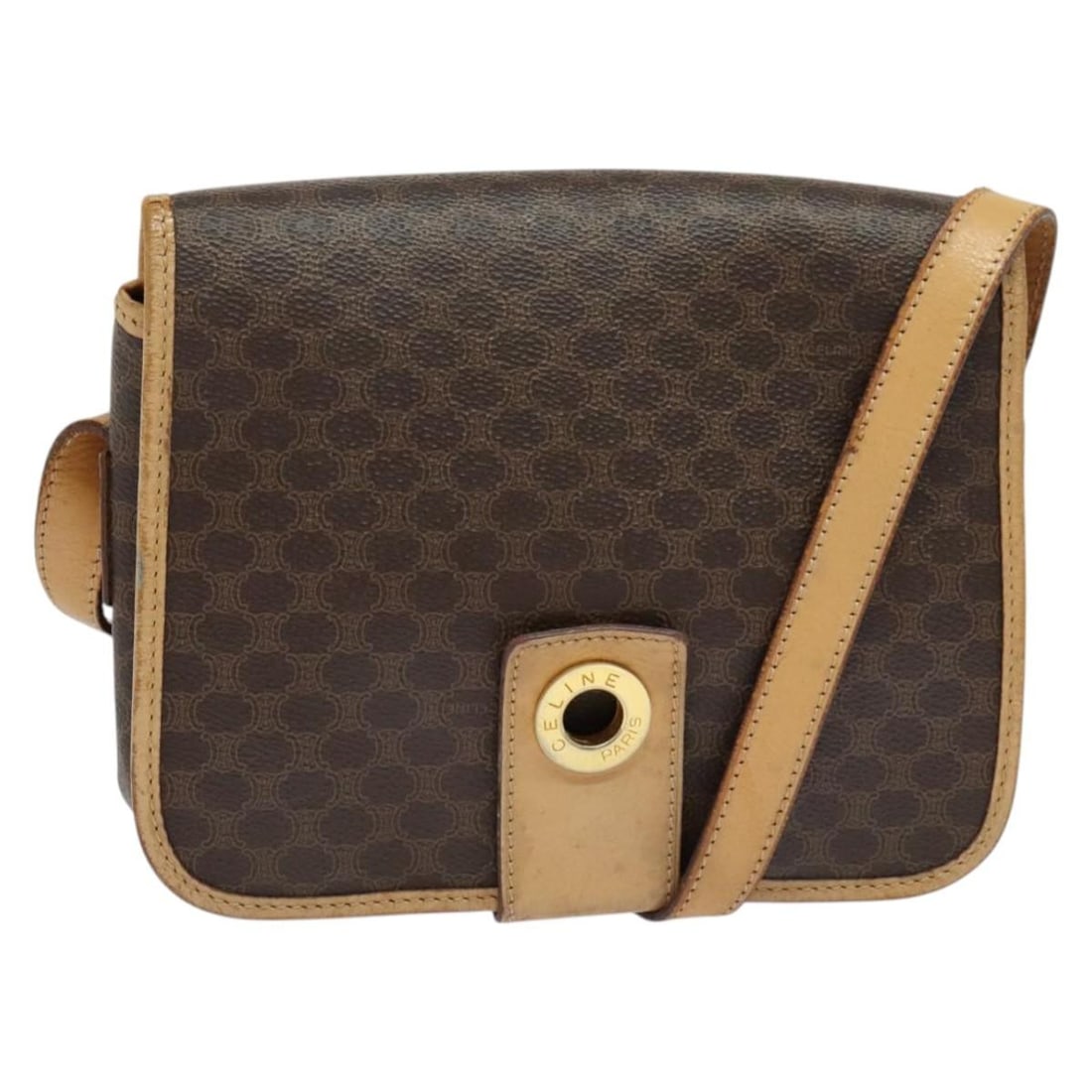 CELINE Macadam Canvas Brown Gold PVC Leather Shoulder Bag Auth Italy: CELINE Macadam Canvas Brown Gold PVC Leather Shoulder Bag Auth Italy This stylish CELINE Macadam Canvas Shoulder Bag is crafted from durable PVC leather in a rich brown and gold color scheme. Designed