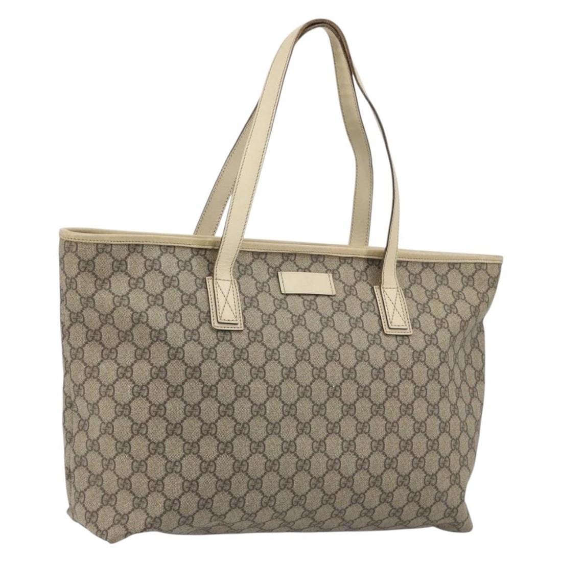 Gucci 211137 GG Supreme PVC Leather Tote in Beige: Gucci 211137 GG Supreme PVC Leather Tote in Beige Gucci GG Supreme tote bag in beige PVC leather and GG canvas, made in Italy. This women's tote features a structured size of approximately 36 cm W x 2