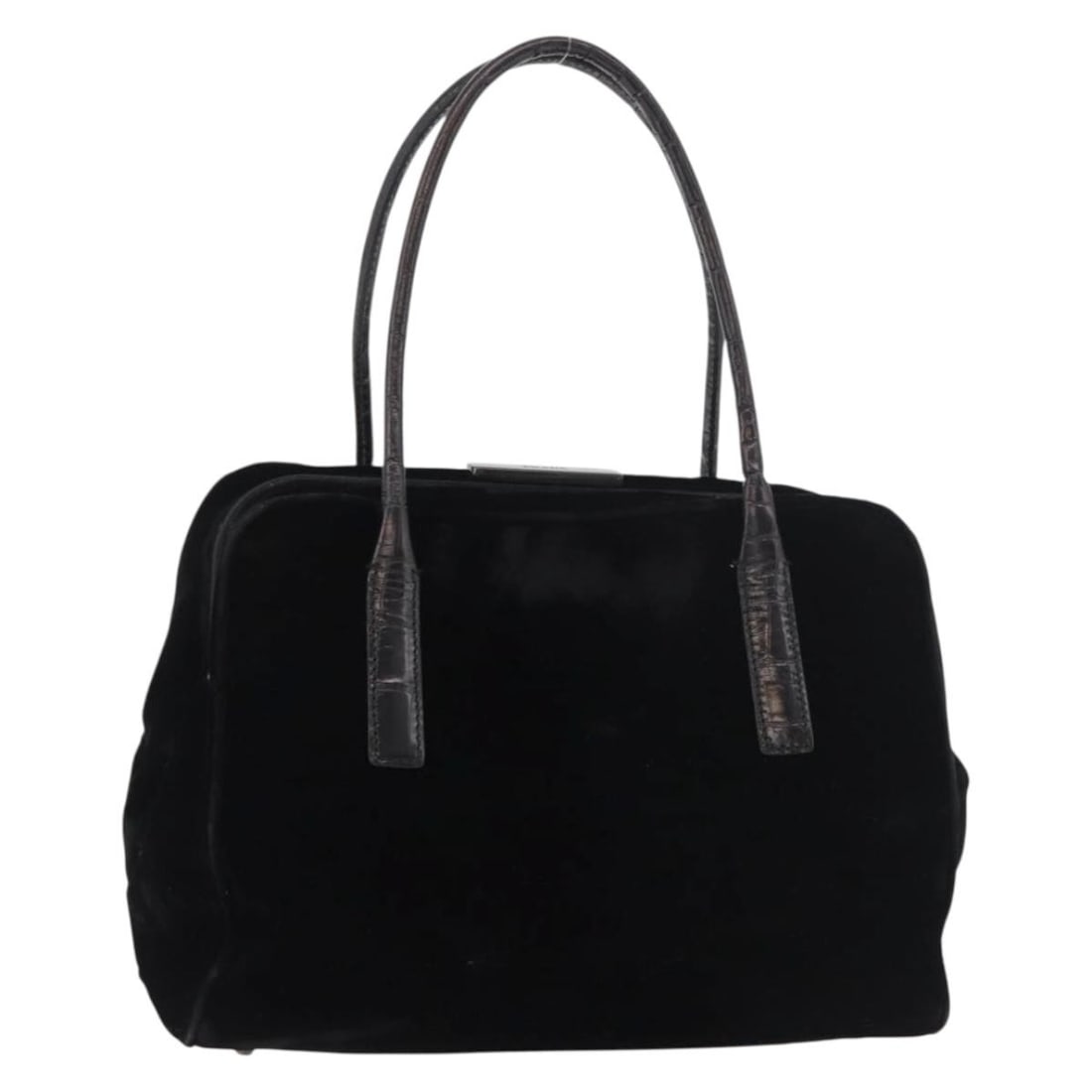 PRADA Black Velor Handbag Made in Italy: PRADA Black Velor Handbag Made in Italy Authentic Prada women's velor handbag in black, made in Italy. This heavily used bag has a soft structured silhouette and is offered without the original box or