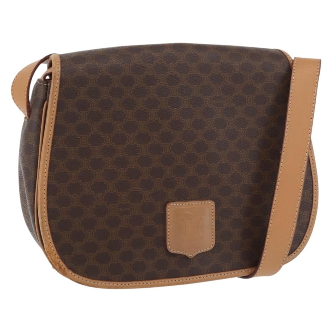 CELINE Macadam Canvas PVC Leather Shoulder Bag Brown Gold Tone: CELINE Macadam Canvas PVC Leather Shoulder Bag Brown Gold Tone A CELINE Macadam Canvas shoulder bag in brown and gold, made in Italy from PVC leather and Macadam canvas. It measures approximately 25 c