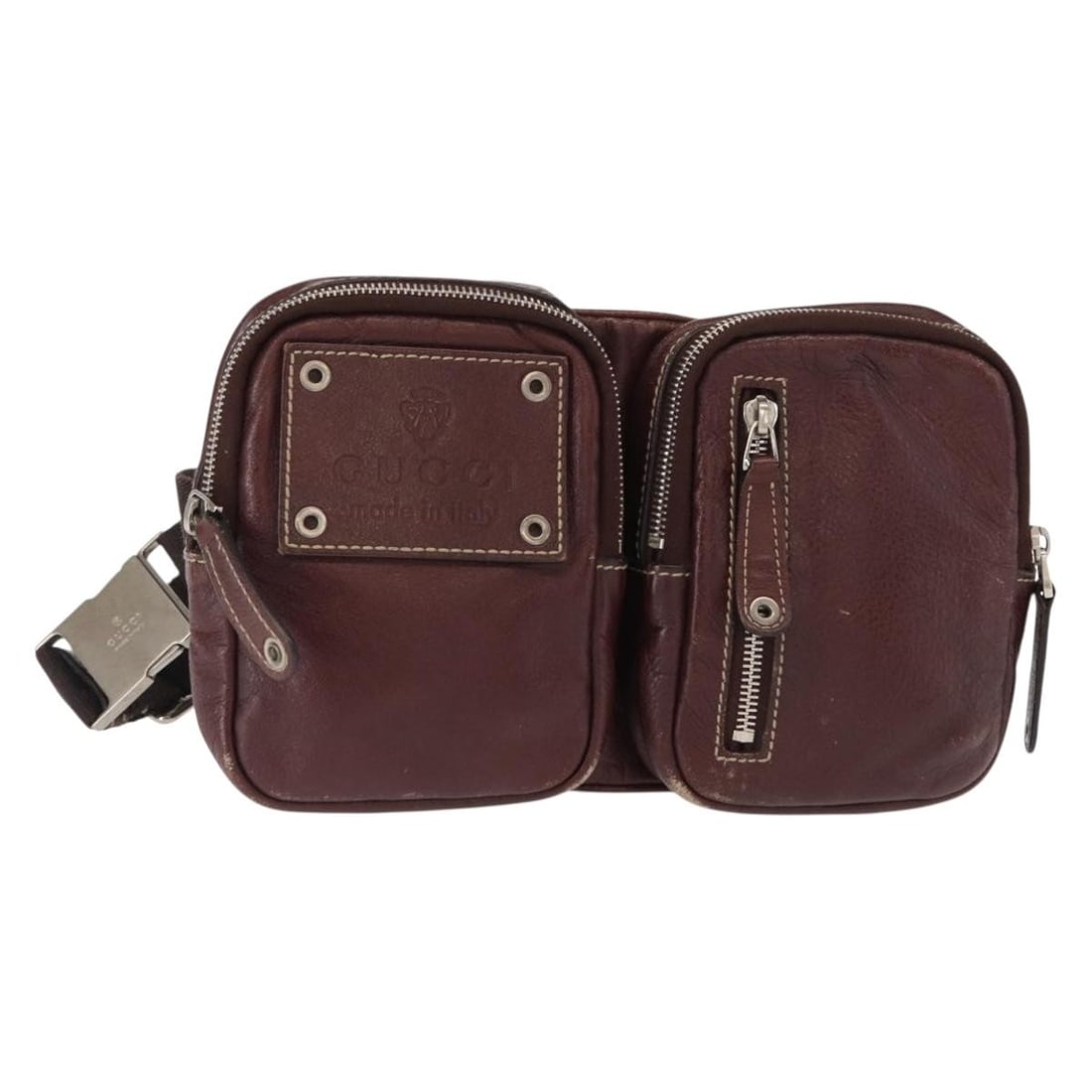 Gucci 201846 Leather Waist Bag Bordeaux Silver Tone Italy: Gucci 201846 Leather Waist Bag Bordeaux Silver Tone Italy Gucci waist bag in leather with a Bordeaux and silver color combination. Made in Italy, this women's bag measures approximately 25 cm wide, 15