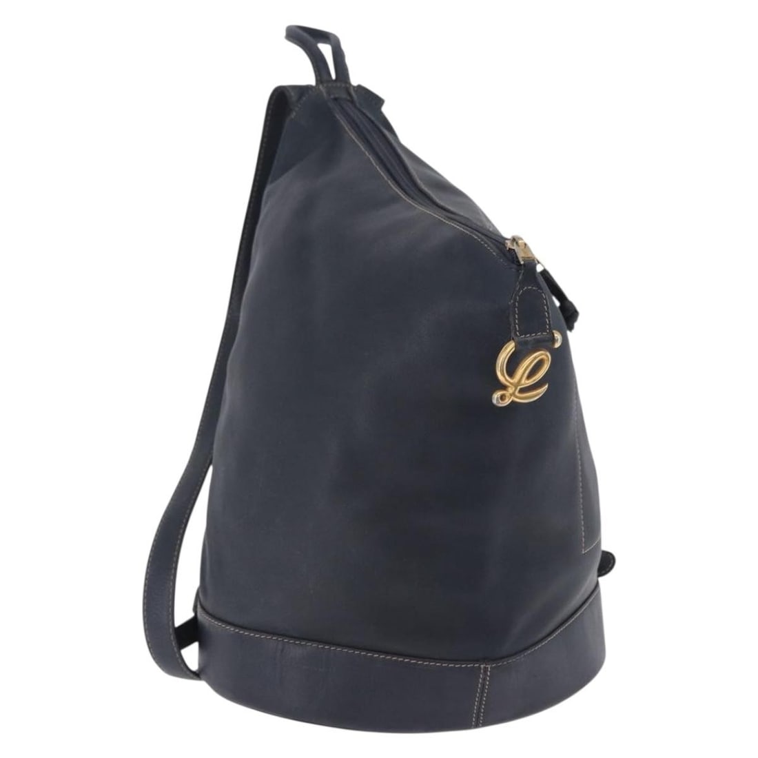 LOEWE Navy Leather Body Bag Gold Tone Hardware: LOEWE Navy Leather Body Bag Gold Tone Hardware A navy and gold Loewe leather body bag with a practical everyday design. The bag is described as heavily used and shows visible wear, including loss of s