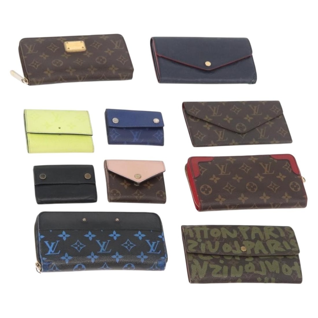 Set of 10 Louis Vuitton Monogram Canvas Wallets Khaki Yellow Black: Set of 10 Louis Vuitton Monogram Canvas Wallets Khaki Yellow Black Louis Vuitton Monogram Graffiti wallet in monogram, khaki, yellow, and black Monogram canvas. Made in France. This heavily used walle