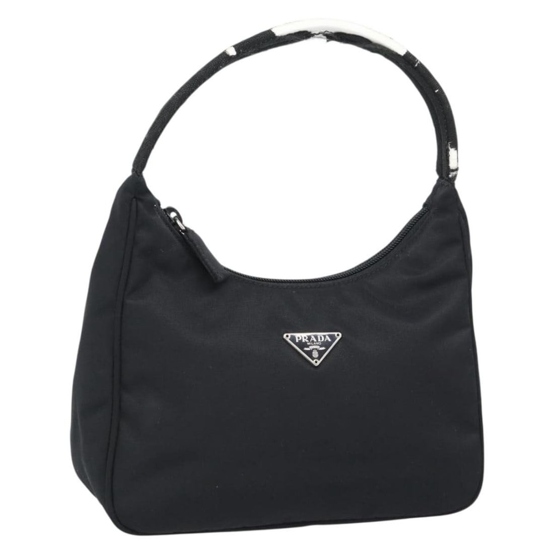 Black Nylon PRADA Pouch with Dust Bag Made in Italy: Black Nylon PRADA Pouch with Dust Bag Made in Italy Black Prada nylon pouch in heavily used condition. It comes with a dust bag and was made in Italy. The pouch shows surface loss of shape and slight 