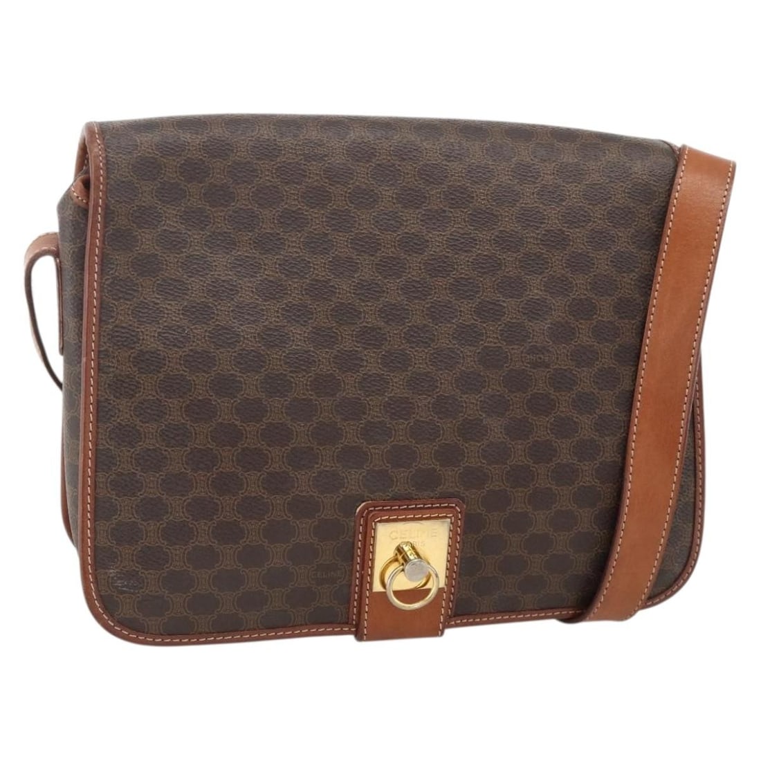 Celine Macadam Canvas PVC Leather Shoulder Bag Brown Gold Tone: Celine Macadam Canvas PVC Leather Shoulder Bag Brown Gold Tone A CELINE shoulder bag in brown and gold, crafted from PVC leather and Macadam canvas. Made in Italy, this bag measures approximately 26 c