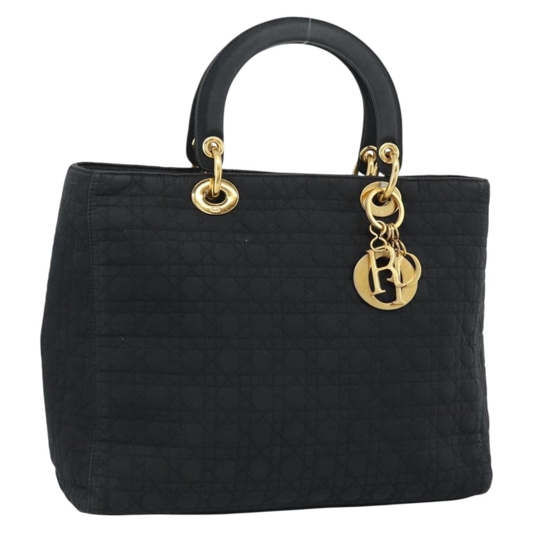 Christian Dior Lady Dior Cannage Canvas Handbag Black Gold Charm: Christian Dior Lady Dior Cannage Canvas Handbag Black Gold Charm Christian Dior Lady Dior Canage hand bag in black and gold canvas, made in Italy. It comes with a charm accessory and features a handle