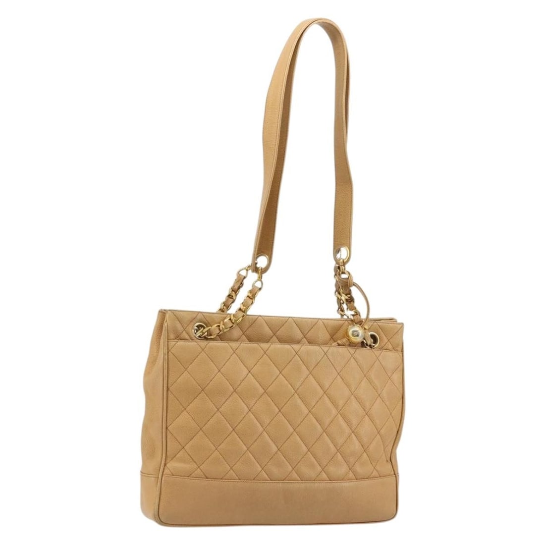 CHANEL Beige Caviar Skin Shoulder Bag with Gold CC Chain: CHANEL Beige Caviar Skin Shoulder Bag with Gold CC Chain A CHANEL Matelasse chain shoulder bag in beige/gold Caviar Skin with a grained calf skin finish. It is a women's shoulder bag made in Italy, me