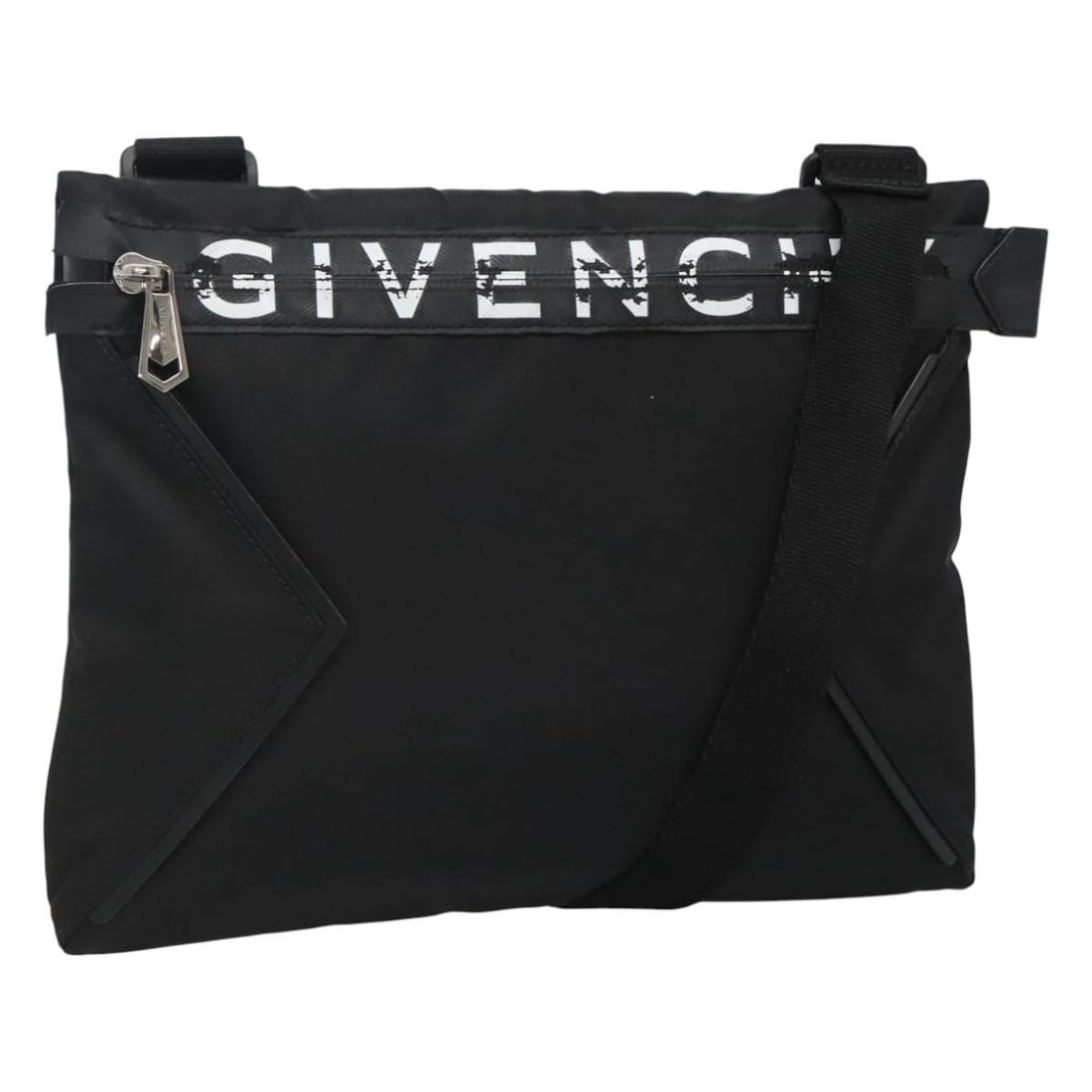 Givenchy Black Nylon Shoulder Purse with Silver Details: Givenchy Black Nylon Shoulder Purse with Silver Details This is a Givenchy women's shoulder bag crafted from black nylon with silver-tone accents. The bag features an adjustable shoulder strap and off