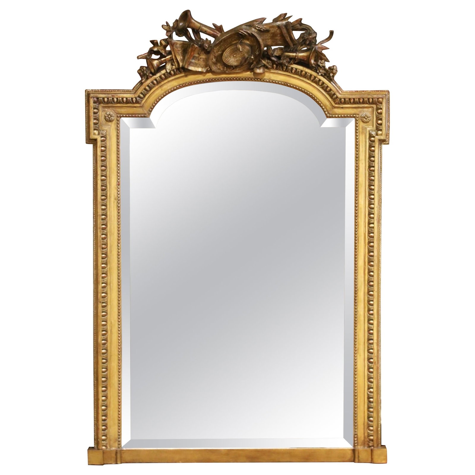 French Louis XVI giltwood mantel mirror with carved musical crest (1 of 11)