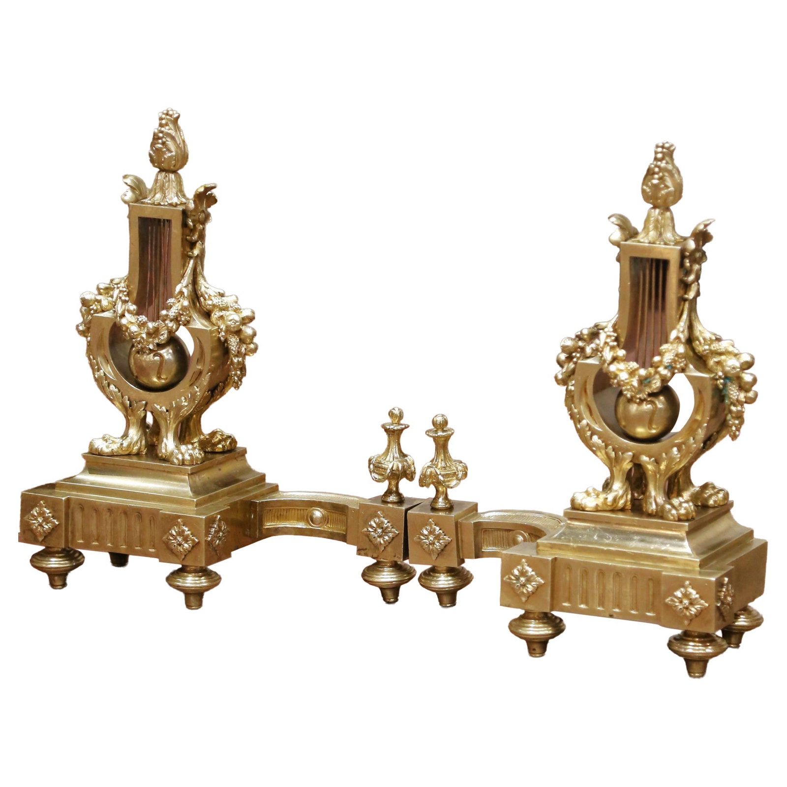 French Louis XVI gilt bronze fireplace chenets pair lyre form (1 of 10)