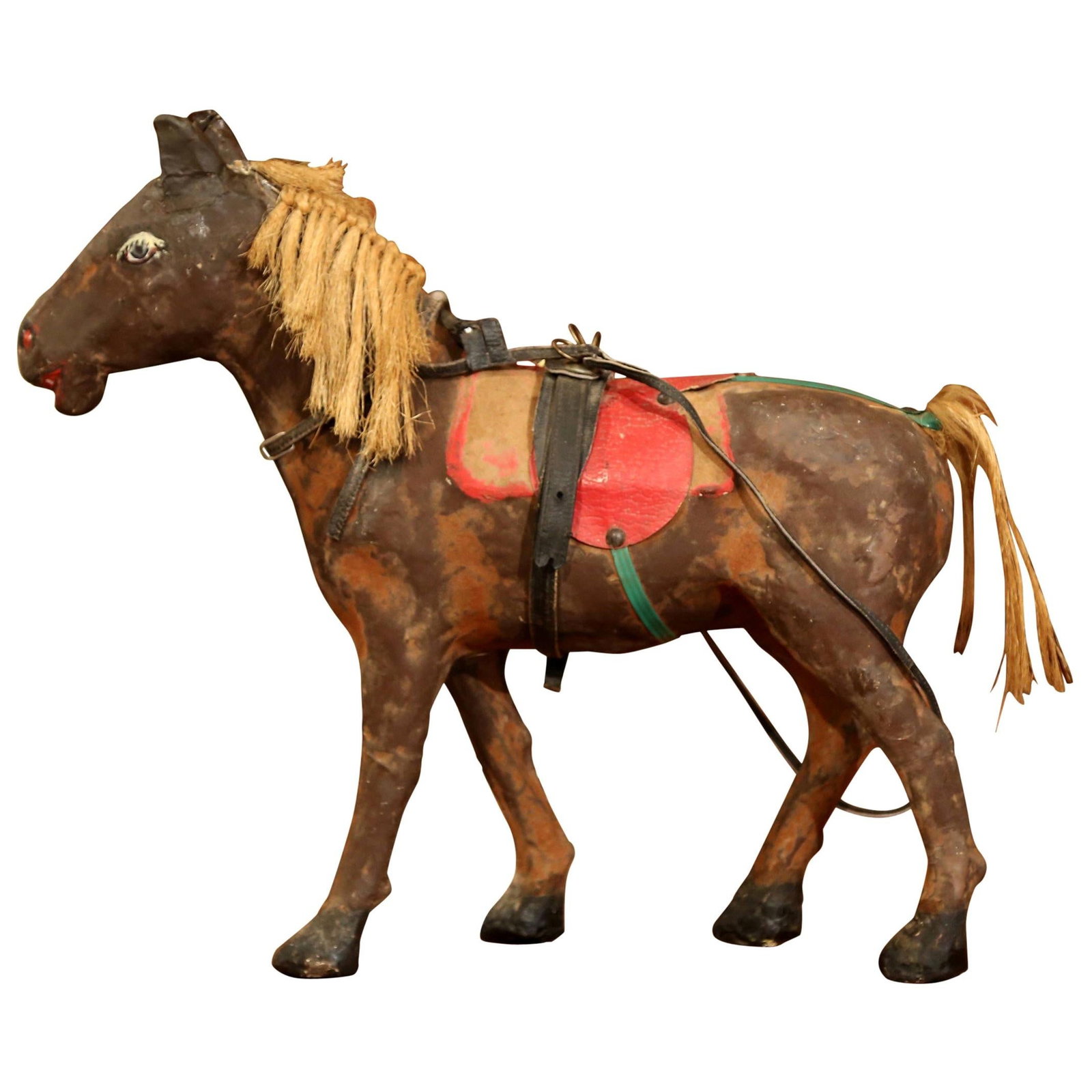 French papier mache horse sculpture with leather saddle 18 inch: French papier mache horse sculpture with leather saddle 18 inch This antique French horse sculpture from the late 19th century is a distinctive example of folk art. Crafted around 1870, the piece is m