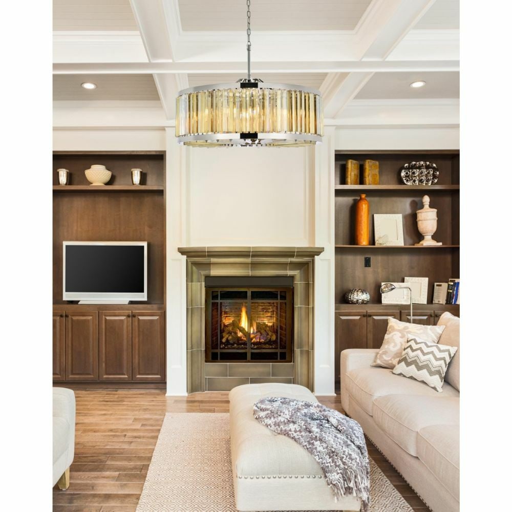 Chelsea 10 Light Crystal Chandelier Polished Nickel 35.5 in: Chelsea 10 Light Crystal Chandelier Polished Nickel 35.5 in Modern 10-light chandelier featuring golden teak crystals and a polished nickel frame. It is hardwired, intended for indoor use, and designe