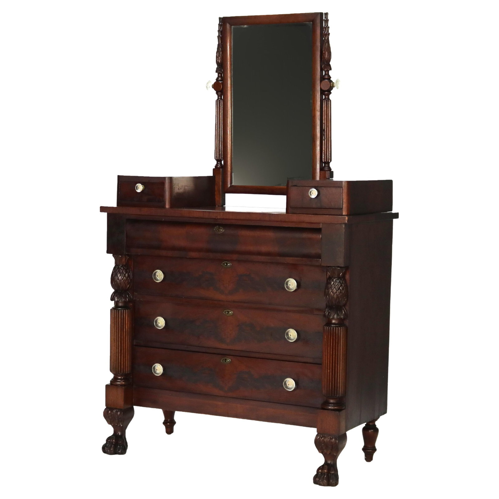 C1890 Antique Neoclassical Flame Mahogany Dresser with Claw Feet: C1890 Antique Neoclassical Flame Mahogany Dresser with Claw Feet This exquisite Antique Empire Neoclassical dresser, crafted circa 1890, exemplifies the elegance of the 19th century with its stunning 